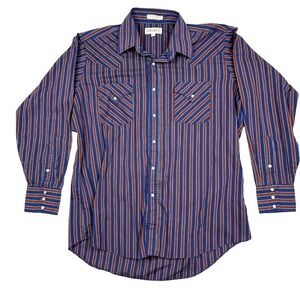 Vintage Sheplers Mens Large Blue Red Striped Pearl Snap Western Cowboy Shirt